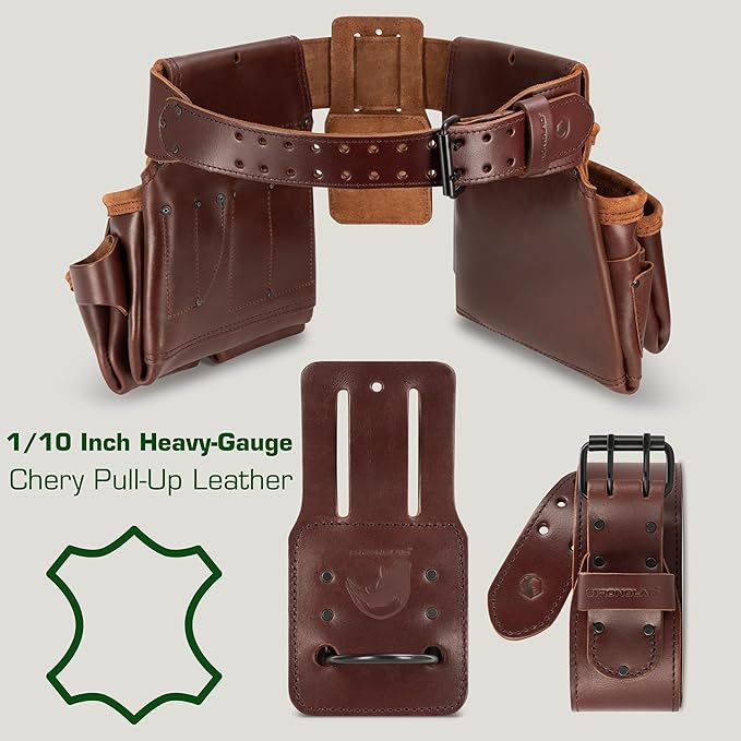 STRONGLAD Tool Belt - Framing Tool Belt for Carpenters - Tool Belts for Men - Carpenter Pouches for Construction - 21 Pockets, Oil-Tanned Full-Grain Leather T800