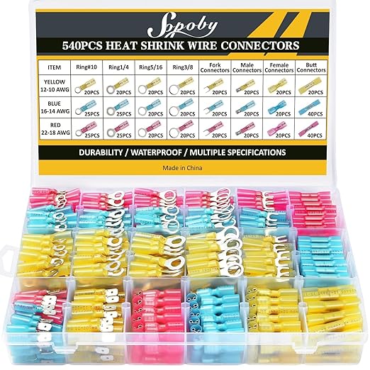 540PCS Marine Grade Heat Shrink Wire Connectors - Sopoby Electrical Connectors Kit of Tinned Red Copper, AWG 22-10 Waterproof Crimp connectors terminals Insulated Ring Fork Spade Butt Splices