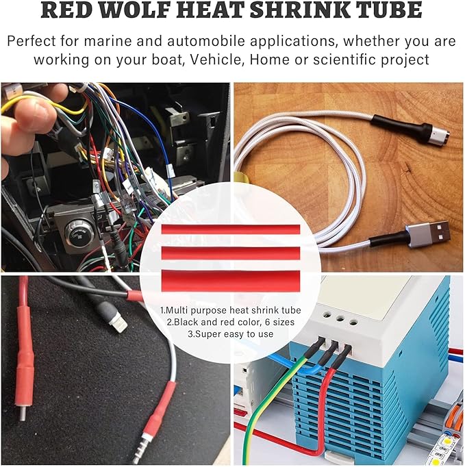 RED WOLF Waterproof Red and Black Heat Shrink Tubing Kit 270PCS, 3:1 Shrinkage Ratio, Adhesive Lined Electrical Cable Harness Heat Shrink Tube Marine Grade for Wire Wrap Connection Insulation