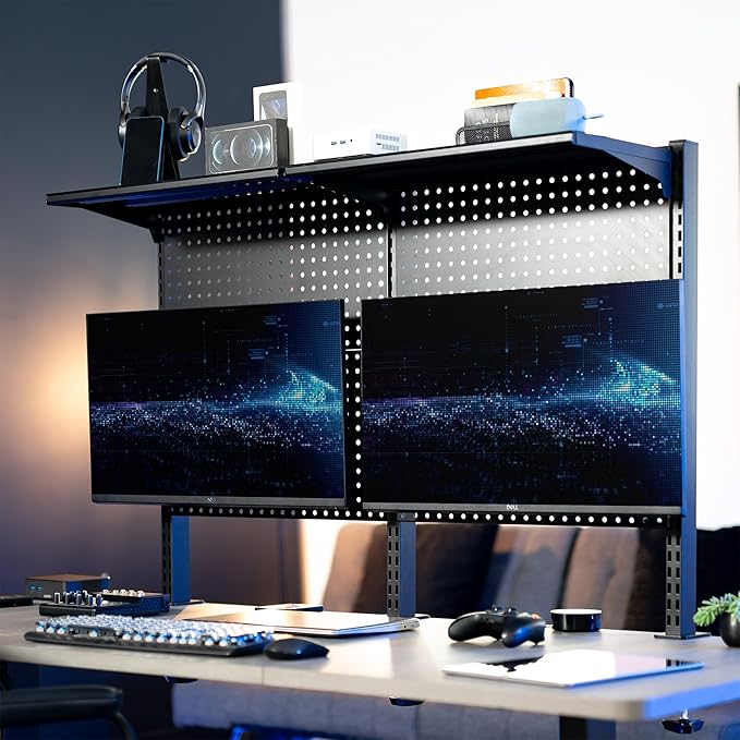 VIVO Steel Triple Clamp 47 x 31 inch Desk Pegboard System with 2 Monitor Mounts and Storage Shelf, Fits up to 32 inch Screens, Office Accessory Organizer, Black, PP-DK48SB