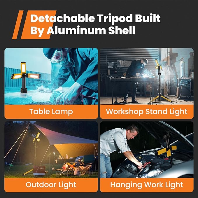 Rechargeable Work Light with Stand, GoGonova Cordless Work Light with Triple LED Lamps, 8AH Battery, 700/1200/2200 Lumen, 4000/6500K Dimmable Camping Light with Detachable Tripod（Yellow）