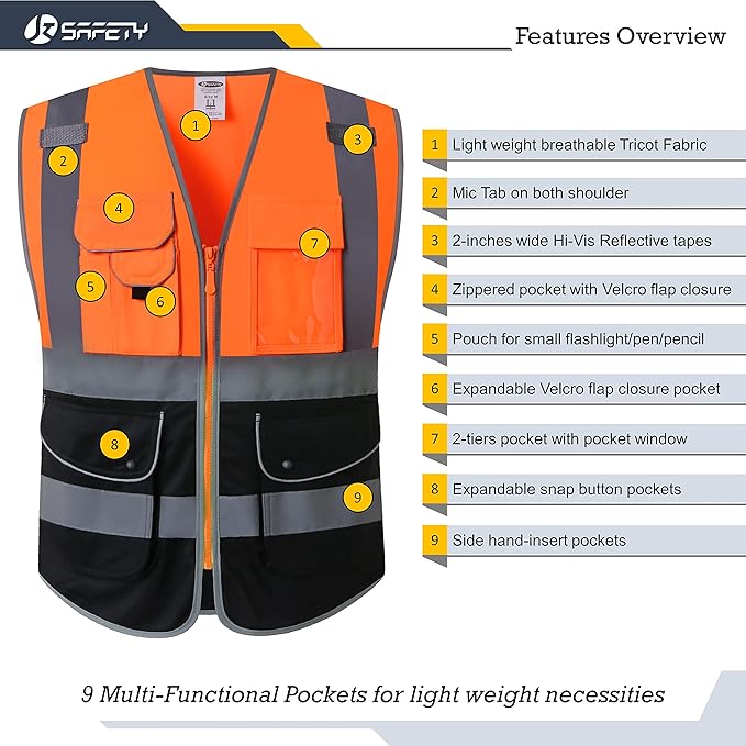 JKSafety 9 Pockets High Visibility Zipper Front Safety Vest With Reflective Strips,Meets ANSI/ISEA Standard (150-Orange-black, 3XL)