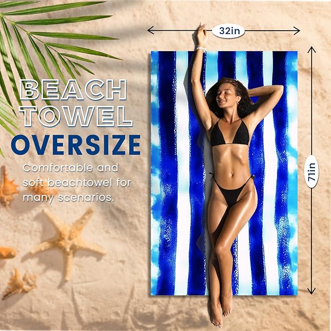 2 Pack Microfiber Beach Towel Oversized 71"x32" Sand Free Quick Dry Absorbent Lightweight Thin , Compact Towels for Travel Swimming Pool Yoga Gym Camping Beach Accessories Vacation Essentials Gift