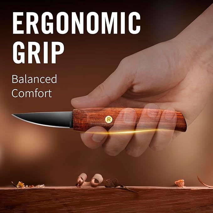 RAVS Whittling Knife with Leather Sheath, High Carbon Steel Blade Wood Carving Knife with Titanium Coating, Sloyd Knife with Ergonomic Rosewood Handle, Wood Carving Tools for Beginners to Experts