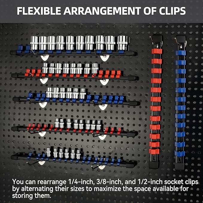 Socket Organizer Drive ABS Tools - Red Socket Holder, Premium Quality 18 Pieces Socket Holders Kit 1/4-Inch x 96 Clips, 3/8-Inch x 90 Clips, 1/2-Inch x 72 Clips（18PC,Red)