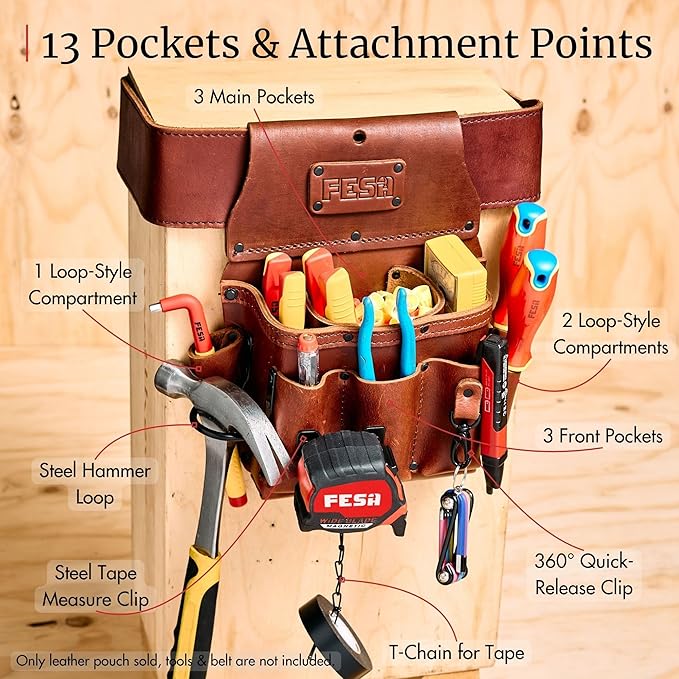 FESA Leather Electrician Tool Pouch - 13-in-1 Top Grain Leather Electrician Pouch w/Steel Hammer Loop, Tape Measure Clip, Tape T-Chain & 6 Pockets - Fits Belts up to 3" - Handcrafted