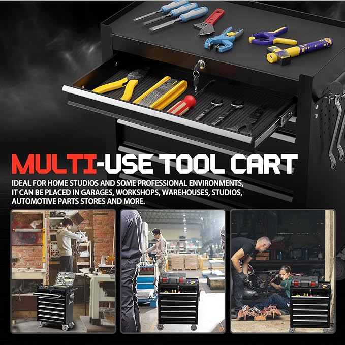 7-Drawer Rolling Tool Chest,Metal Rolling Tool Chest with Wheels and Locking Tool Box,Portable Metal Tool Box for Warehouse,Garage, Repair Shop, Workshop (Black, 7-Drawer)