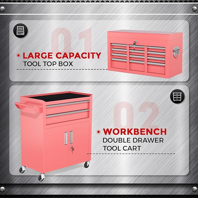 INTERGREAT Tool Chest, Assembled Tool Cabinet with 8 Drawers, Detachable Organized Tool Chests, Lockable Tool Cabinet for Workshop, Warehouse, Mechanics Garage (Pink)