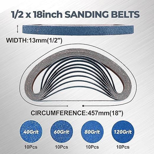 1/2 x 18 inch Zirconia Sanding Belts, 40Pcs 10 Each of 40/60/80/120 Assorted Grits, Belt Sander Sanding Belt for Knife Blade Sharpening, Metal Polishing, Derusting, Woodworking