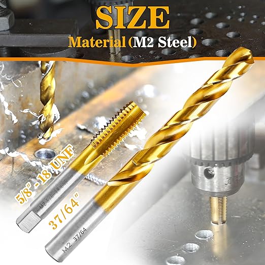 5/8"-18 UNF Tap and 37/64" Drill Bit Kit, M2 HSS Drill and Tap Set, Combination of Drill and Tap Kit for Metal