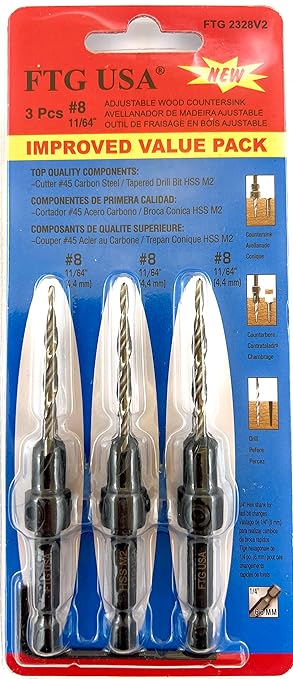 FTG USA Adjustable Wood Countersink Drill Bit Set 3 Pc #8 (11/64") with Tapered Drill Bits for Woodworking