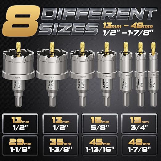 DAIMIT 14Pcs TCT Hole Saw Kit, 1/2"-1-57/64" Heavy-Duty Tungsten Carbide Hole Saws Kit for Metal, Stainless Steel, Iron, Wood, Plastic, with 3*Detachable Pilot Drill Bits and 3*L-Wrench