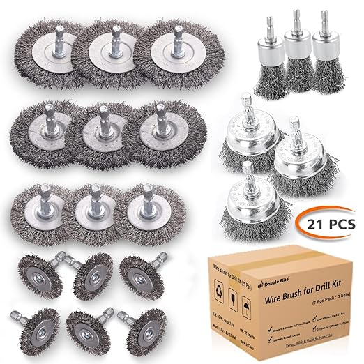 Double Elite Wire Brush for Drill Set 21 Pcs, Abrasive Wire Wheel for Drill 1/4 Inch Hex Shank, Wire Cup Brush for Drill, Drill Wire Brush Coarse Crimped Carbon Steel, Wire Brush Drill Attachments