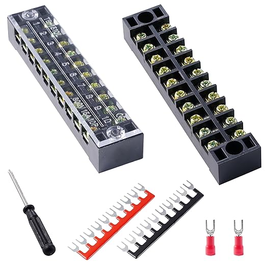 Terminal Block (2 Sets) 2Pcs 10 Positions Dual Row 600V 15A Screw Terminal Strip Blocks with Cover&2Pcs Pre-Insulated Barrier Termina Block Strip&20Pcs Insulated Fork Wire Connector