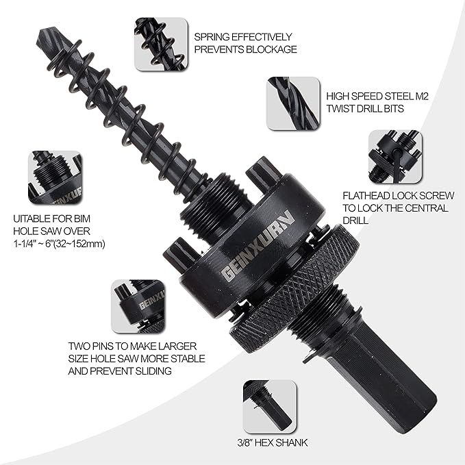 General Hole Saw Mandrel, 7/16-Inch and 3/8 Inch Hole Saw Arbor with 3Pcs Central Drill/2PCS Hex wrench/2Pcs Spring