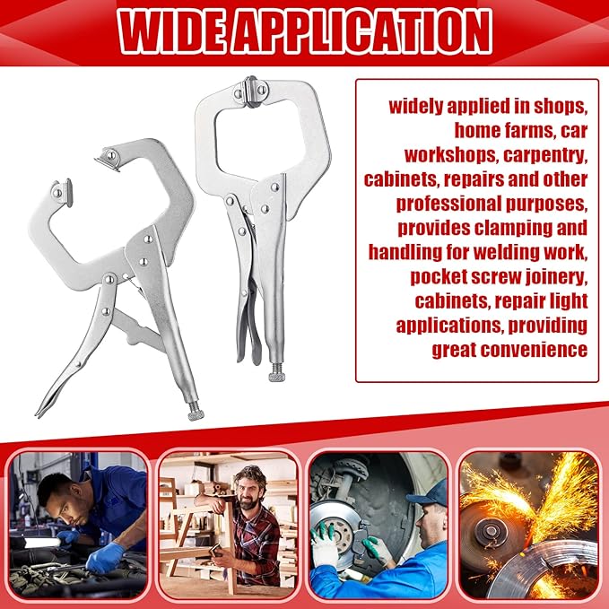 Yexiya 10 Pcs Locking C Clamp, Locking Pliers Adjustable Welding Clamp with Regular Tip and Swivel Pad for Shop Home Farm and Auto Workshop Woodworking, Cabinetry, Repair (11 Inch)