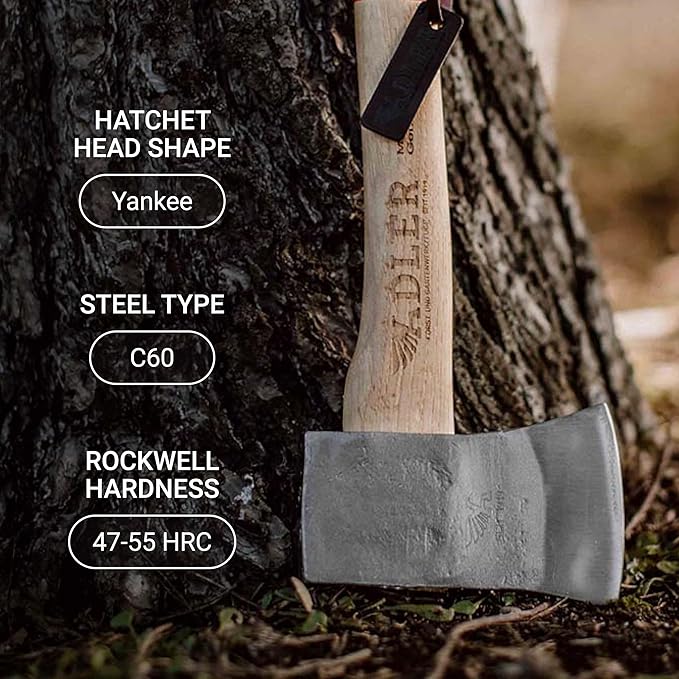 The Yankee, 15", German Forged, All-Purpose Wilderness Camping Hatchet & Kindling Splitting, Anti-Slip Wood Handle (Green Stripe)