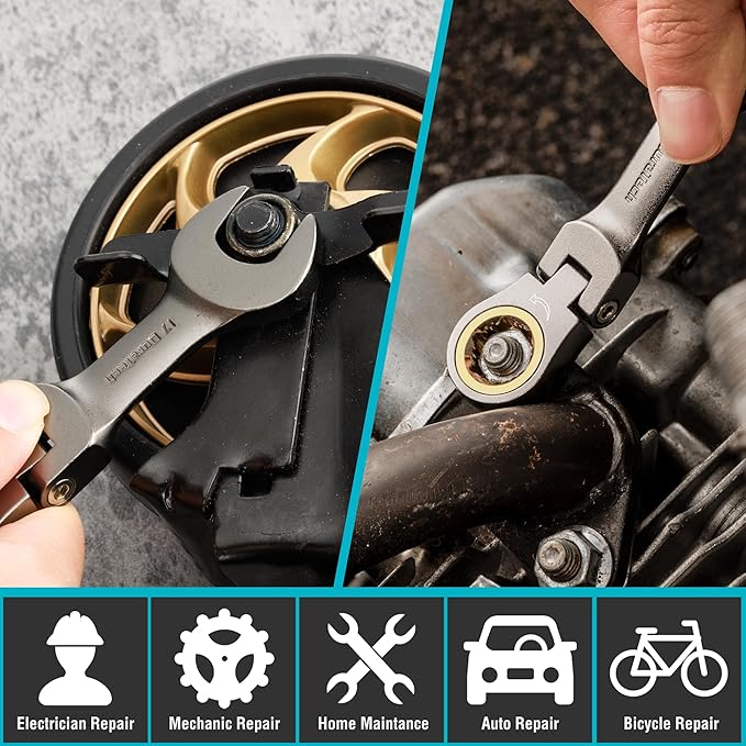 DURATECH 12-Piece Anti-Slip Flex-Head Ratcheting Wrench Set, Stubby Combination Wrench Set, Metric, 8-19mm, 72-Teeth, CR-V Steel, Nickel Plated with Pouch