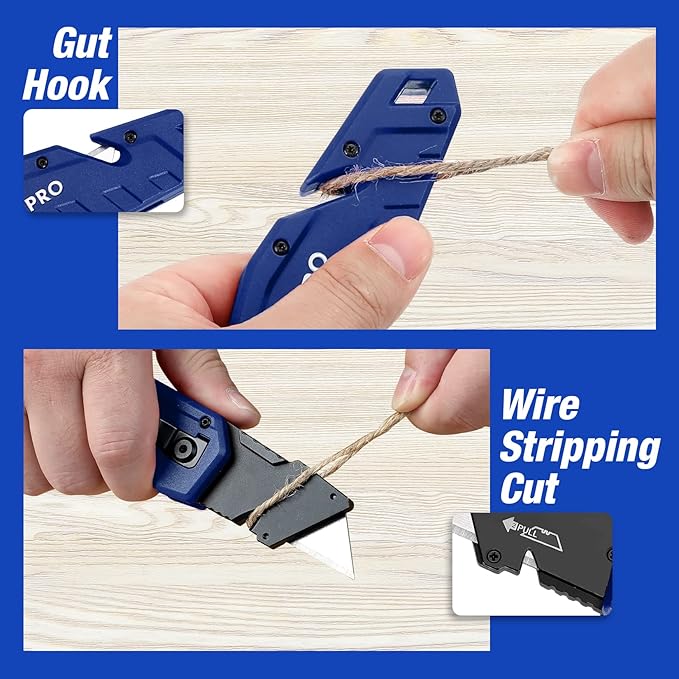 WORKPRO Folding Utility Knife, Box Cutter with Belt Clip, Quick-Change Blade, Lightweight Nylon Handle, Wire Stripper & Gut Hook, Extra 10 SK5 Blades Included, Blue