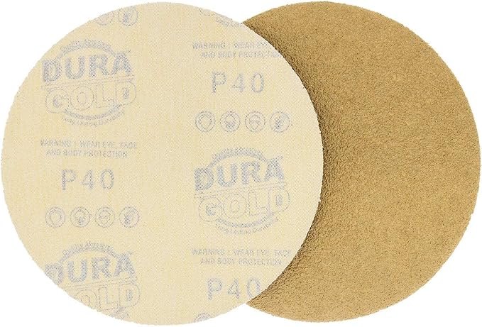 Dura-Gold Premium 40 Grit 6" Gold Sandpaper Discs, No Hole Pattern Dustless, Box of 25, Hook & Loop Backing for DA Sander, Finishing Coarse Sanding Abrasive Automotive Paint, Woodworking Wood, Metal