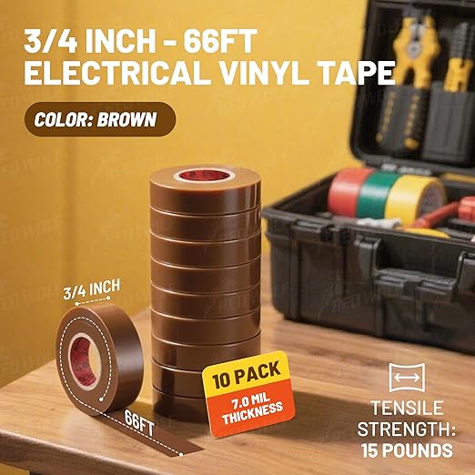 RED WOLF 10 Pack Brown Electrical Tape 3/4 Inch x 66 Ft Industrial Grade UL/CSA Listed 7 Mil Thick Flame Retardant High Temp Waterproof Electrical PVC Tape Electric Super Vinyl Rated 600V