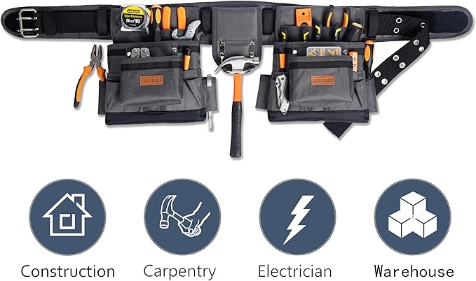Magnetic Tool Belt with Air-Mesh Padded,22 Pockets Heavy Duty Tool Belts for Men/Construction/Carpenter/DIY'er/Electrician.Double layer thickened polyester fiber with waterproof coating.