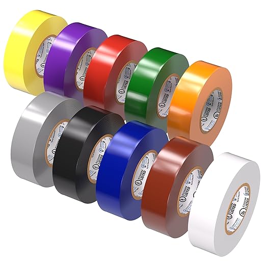 OHLECTRIC Colored Electrical Tape UL/CSA Listed, Multicolor High Temp Flame-Retardant Electrical Tape, Heat & Weather Resistant 3/4in x 60ft 7mm Thick Industrial Grade Vinyl (10 Rolls)