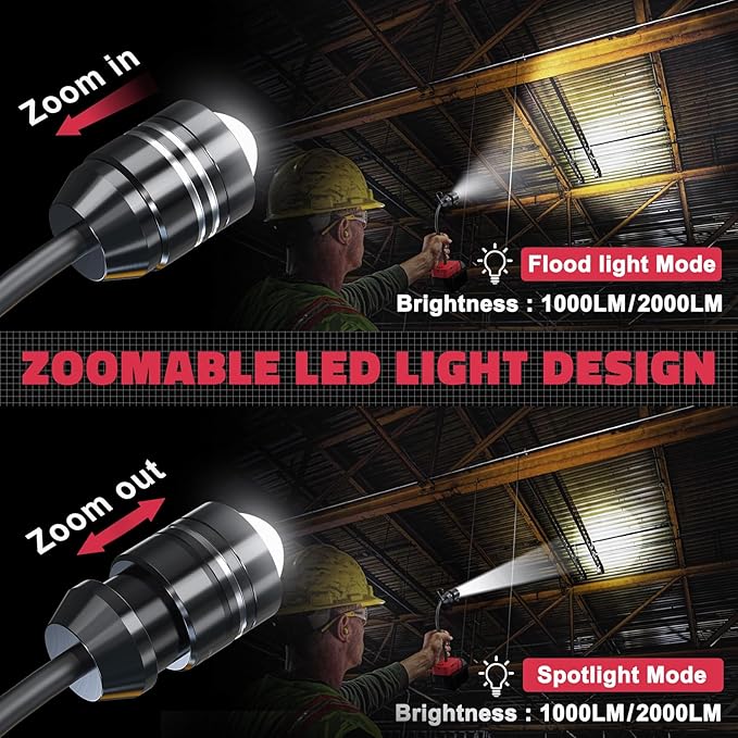 LIVOWALNY 2000LM LED Work Light Compatible with Milwaukee 18V Battery, 20W Flood Light, 12" Flexible Gooseneck, Flashlight Lights with USB-A & Type-C Charging Port, Low Voltage Protection (No Battery)