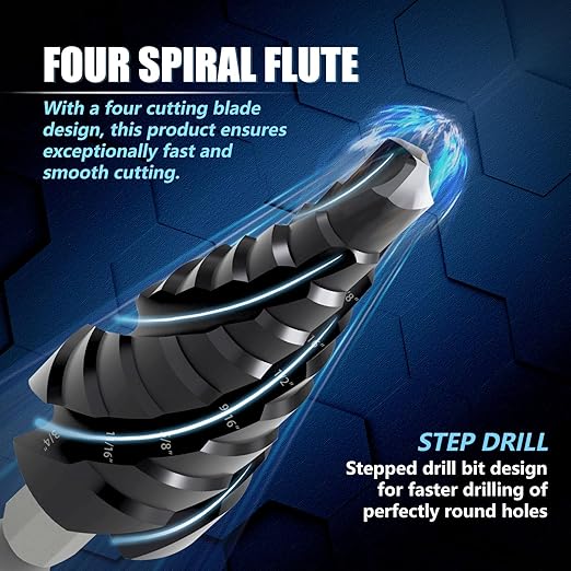 GSTK Pro Max 1/4" - 3/4" Four Spiral Flute Cobalt Step Drill Bit, Impact Ready, for Metal, Stainless Steel, Aluminum, Wood, Plastic with 1/4" Hex Shank
