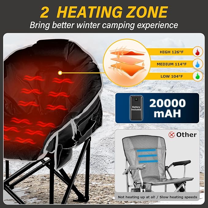 Oversized Heated Camping Chair, 3 Heat Levels Portable Heated Folding Chairs with 20,000mAh Power Bank, Camping Heated Chair for Adults Supports 440 lbs, Heavy Lawn Chair for Camping/Patio