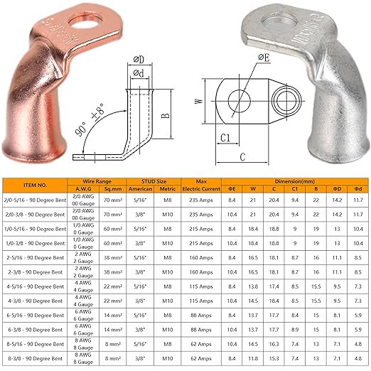 Tinned Copper Cable Lugs 10pcs 2 AWG-3/8 90 Degree Bent Battery Lugs,Heavy Duty Wire Lugs,Ring Terminal,2 Guage terminals,Battery Cable Ends/Terminal Connectors with 10pcs 3:1 Heat Shrink Tubing