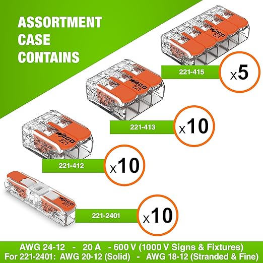 WAGO 221 Series 35pc Compact Splicing Wire Connectors | Includes (10x 221-2401), (10x 221-412), (10x 221-413), (5X 221-415) | WAGO Wire Connectors | 221 Straight Inline Splice | Electrical Lever Nuts