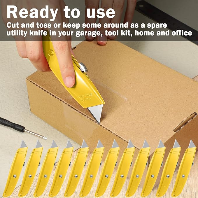 Reginary 30 Pcs Box Cutter Bulk Retractable Blade Utility Knife Heavy Duty Aluminum Alloy Razor Shell Knife for Cartons, Cardboard and Boxes, DIY, Factory, Home(Yellow)