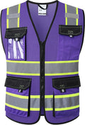 JKSafety Hi Vis Reflective Safety Vests for Men Women High Visibility Vest with Pockets Mesh Fabric Construction Safety Apparel Neon Vest for Work (220-PurpleB L)