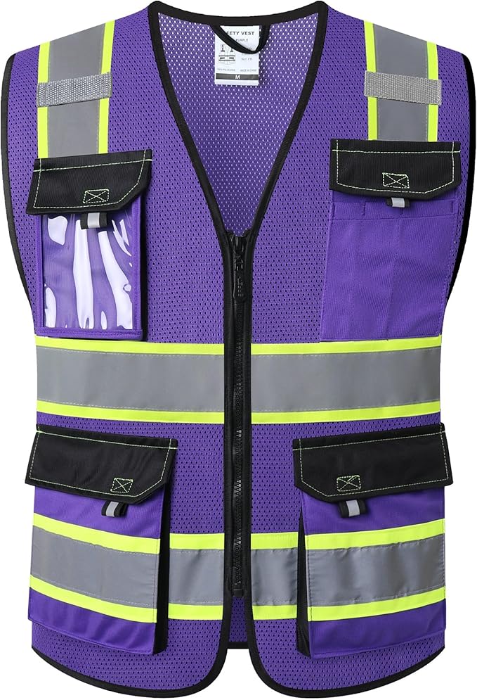 JKSafety Hi Vis Reflective Safety Vests for Men Women High Visibility Vest with Pockets Mesh Fabric Construction Safety Apparel Neon Vest for Work (220-PurpleB M)