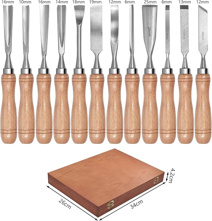 SELFIE CAT 12 Piece Wood Chisel Set for Woodworking Tools Wood Carving Tools with Wooden Case Wood Carving Kit for Beginners and Professionals