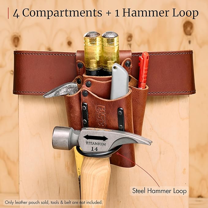 FESA Small Leather Tool Pouch - 5-in-1 Heavy Top Grain Leather Small Tool Pouch with a Steel Hammer Loop, 4 Pockets & Reinforced Heavy Duty Rivets - Fits Belts up to 3" - Handcrafted