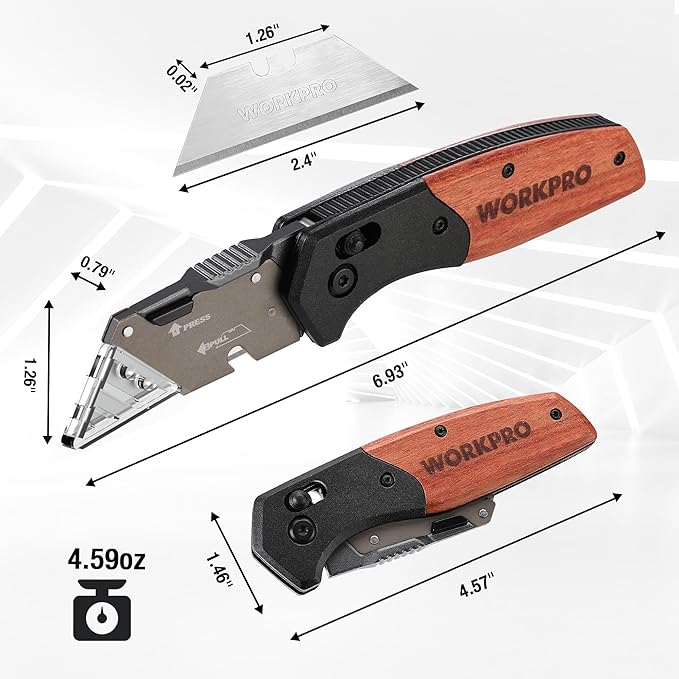 WORKPRO Folding Utility Knife, Razor Blade Knife with Axis Lock, Quick Change Box Cutter, EDC Wood Handle Foldable Pocket Cutter, Extra 10PC SK5 Blades Included