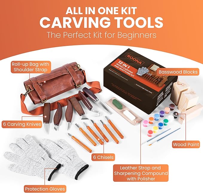 ROONA Wood Carving Kit, 25Pcs with Carving Knives, Chisel Set, Leather Strop, Sharpening Compound with Polisher, Gloves, Paint Set & Basswood Blocks – Whittling Knife Set with Rolling PU Leather Case