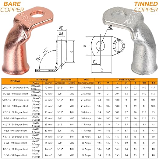 Tinned Copper Cable Lugs 8pcs 4/0 AWG-5/16 90 Degree Bent Battery Lugs,Heavy Duty Wire Lugs,Ring Terminal,4/0 Guage terminals,Battery Cable Ends/Terminal Connectors with 8pcs 3:1 Heat Shrink Tubing