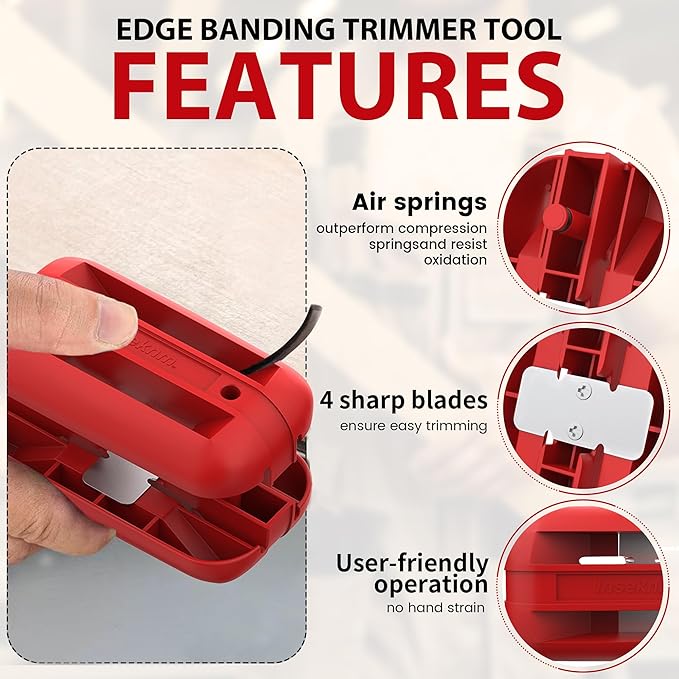 Edge Banding Trimmer with Tungsten Carbide Blades, Hand Planer Versatile Woodworking Edge Trimmer for Burrs, Manual Edge Banding Cutter for ABS, PVC, Veneer, and Melamine - Red