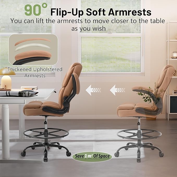 500LBS Drafting Chair, High Back Safer Standing Desk Chair, Executive Tall Office Chair with Flip-up Armrests, Upholstered PU Leather Task Chair, Ergonomic Seat with Adjustable Height&Foot Ring, Brown