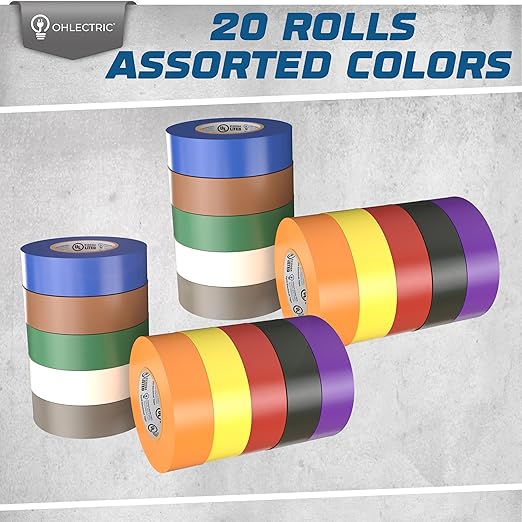 OHLECTRIC Colored Electrical Tape UL/CSA Listed, Multicolor High Temp Flame-Retardant Electrical Tape, Heat & Weather Resistant 3/4in x 60ft 7mm Thick Industrial Grade Vinyl (20 Rolls)
