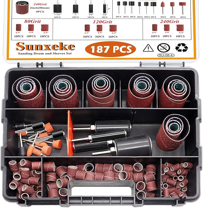 187-Piece Sanding Drum Kit for Drill & Drill Press – Includes 2inch Spindle Sander Sleeves (60/80/120/240 Grit), 4 Rubber Sanding Drums, 1/4-Inch Shank,Versatile Sander Accessory with Box
