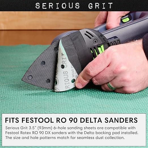 3.5" (93mm) 6-Hole 220 Grit Triangle Sanding Sheets - Fits Festool Rotex RO 90 Delta - Heavy-Duty Hook & Loop Film Disc Abrasives - Sandpaper for Detail Sanders - 50 Pack Box