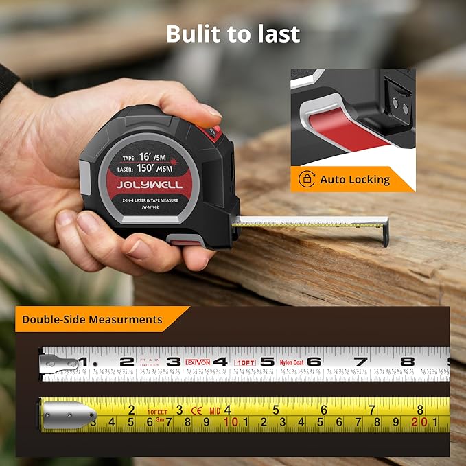 2-in-1 Laser Tape Measure, 152Ft Rechargeable Laser Measurement Tool & 16Ft Self-Locking Tape, Movable Magnetic Hook, Supports Ft/in/M, Area, Volume, Pythagoras for Construction, DIY, Woodworking