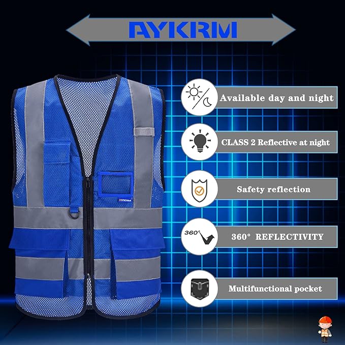 A-SAFETY High Visibility Mesh Safety Reflective Vest with Pockets and Zipper,Hi Viz Work Vest for Men Women (Blue Mesh S)