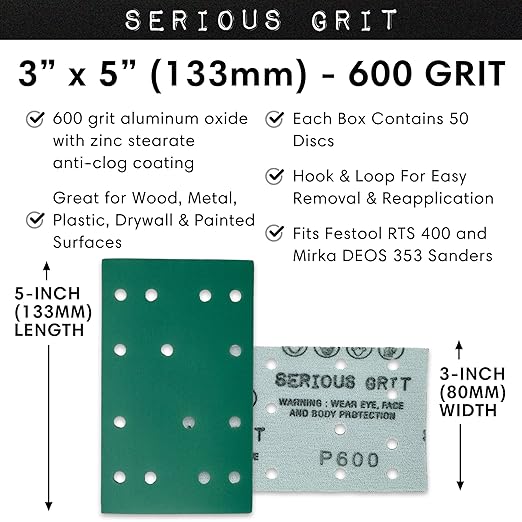 3" x 5" (80mm x 133mm) 14-Hole 600 Grit Sanding Sheets - Fits Festool RTS 400 & Mirka Deos 353 - Heavy-Duty Hook & Loop Film Abrasives - Sandpaper for Sheet Sanders - 50 Pack Box