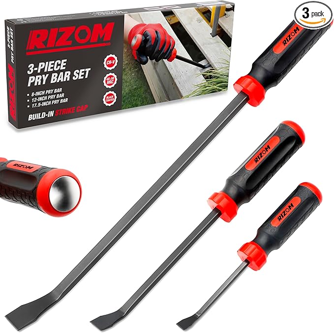 Rizom Pry Bar Set, 3-Piece Pry Bar with Strike Cap Handle, Angled Tip for Prying, Lifting and Pulling Objects