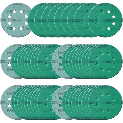 5 Inch 8 Hole Sanding Discs, 50 Pcs Wer Dry Sandpaper 2000 Grit Hook and Loop Green Polyester Film Backed Sanding Disc for Random Orbital Sander Wood Car Metal Plastic (2000 Grit, 50 Pack)
